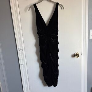 Xscape Black V-Neck Ruched Midi Dress